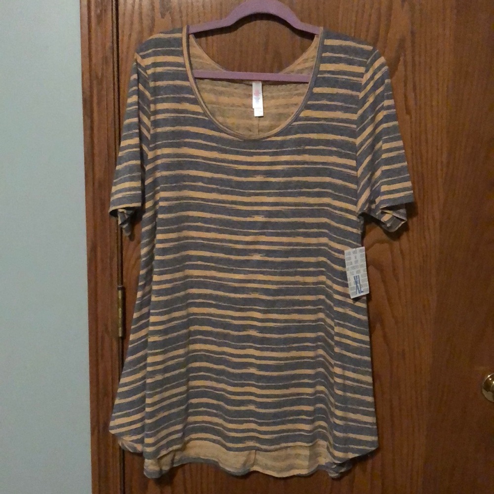 LuLaRoe Grey/Gold Striped Perfect Tee